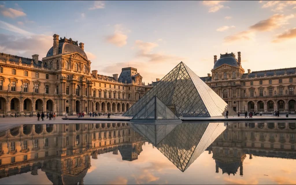 Louvre tickets – the Louvre Pyramid in Paris at sunset